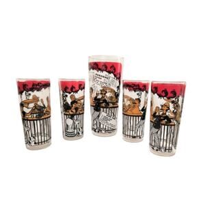 5-Piece 1950s Hazel Atlas Whimsy Moulin Rouge Funky Barware MCM Cocktail Set